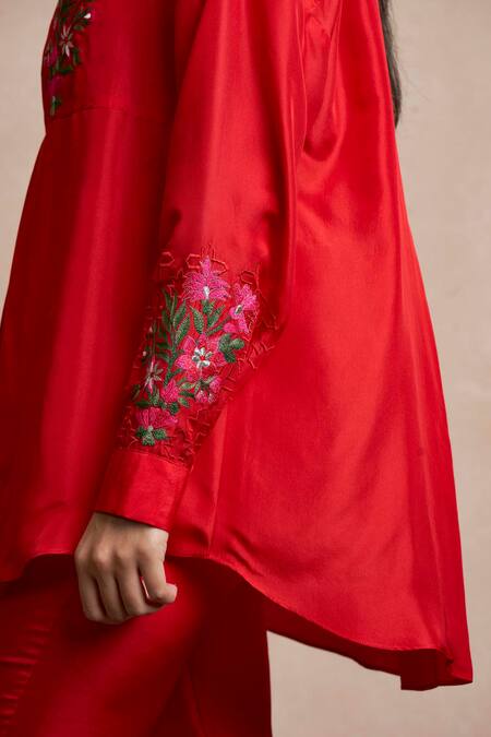 Buy Sue Mue Red Silk Shirt Collar Embroidered Online at Aza Fashions Buy_Sue Mue_Red Silk Shirt Collar Embroidered _Online_at_Aza_Fashions