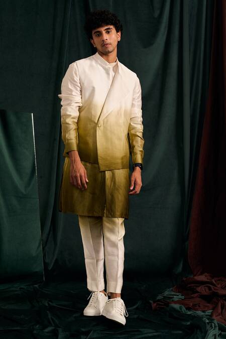 Shop_Project Bandi_Green Satin, Linen Ombre Bundi And Kurta Set _Online_at_Aza_Fashions