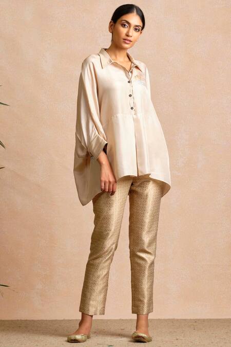 Sue Mue Beige Silk Shirt Collar Embroidered Online at Aza Fashions Sue Mue_Beige Silk Shirt Collar Embroidered _Online_at_Aza_Fashions