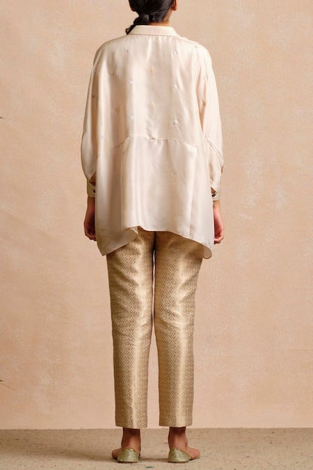 Shop Sue Mue Beige Silk Shirt Collar Embroidered at Aza Fashions Shop_Sue Mue_Beige Silk Shirt Collar Embroidered _at_Aza_Fashions