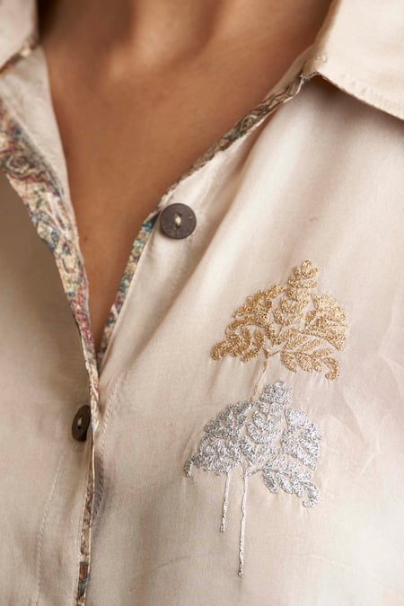 Buy Sue Mue Beige Silk Shirt Collar Embroidered Online at Aza Fashions Buy_Sue Mue_Beige Silk Shirt Collar Embroidered _Online_at_Aza_Fashions