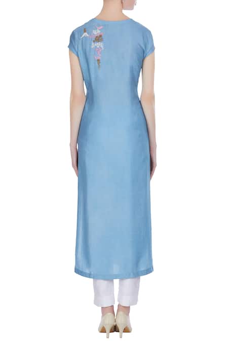 Shop Joy Mitra Blue Silk Blend Embroidered Thread Work Round Neck Tunic at Aza Fashions Shop_Joy Mitra_Blue Silk Blend Embroidered Thread Work Round Neck Tunic _at_Aza_Fashions