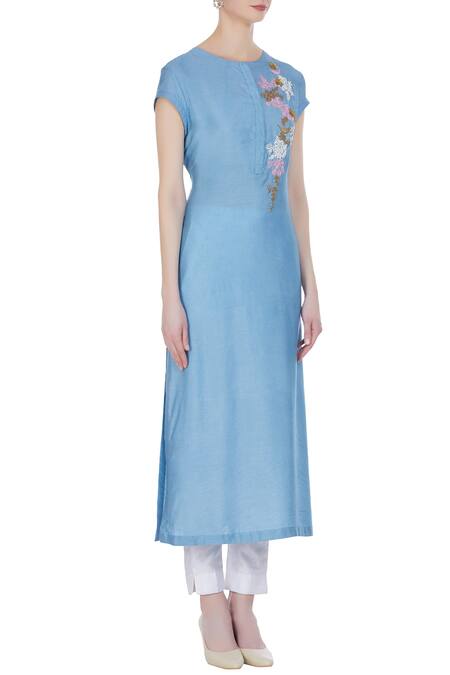 Joy Mitra Blue Silk Blend Embroidered Thread Work Round Neck Tunic Online at Aza Fashions Joy Mitra_Blue Silk Blend Embroidered Thread Work Round Neck Tunic _Online_at_Aza_Fashions