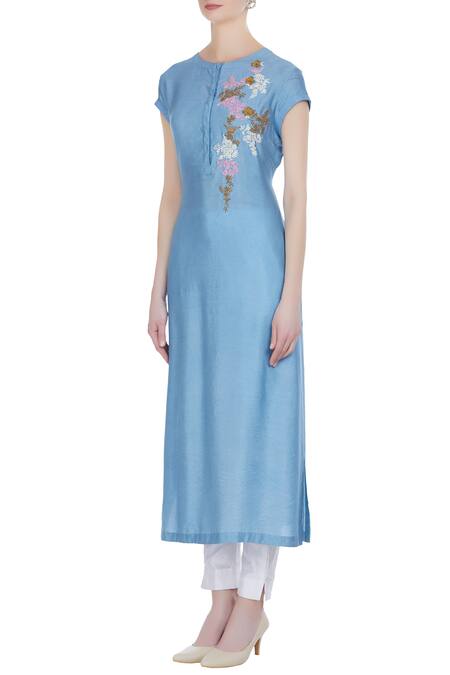 Buy Joy Mitra Blue Silk Blend Embroidered Thread Work Round Neck Tunic Online at Aza Fashions Buy_Joy Mitra_Blue Silk Blend Embroidered Thread Work Round Neck Tunic _Online_at_Aza_Fashions