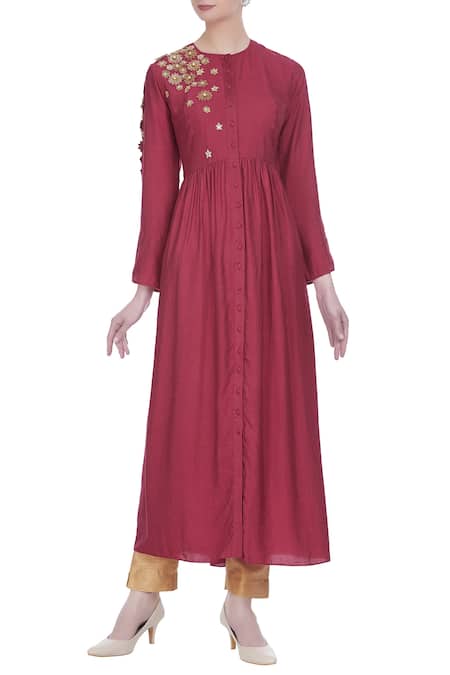 Joy Mitra Red Silk Blend Embroidered Zari Work Round Neck Gathered Pleated Tunic With