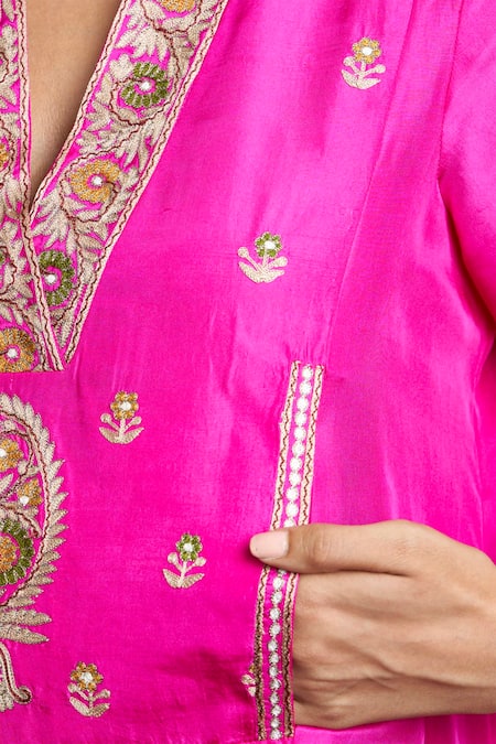 Shop_Sue Mue_Pink Silk V Neck Embroidered Tunic _Online_at_Aza_Fashions