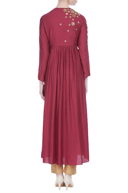 Shop Joy Mitra Red Silk Blend Embroidered Zari Work Round Neck Gathered Pleated Tunic With at Aza Fashions Shop_Joy Mitra_Red Silk Blend Embroidered Zari Work Round Neck Gathered Pleated Tunic With _at_Aza_Fashions