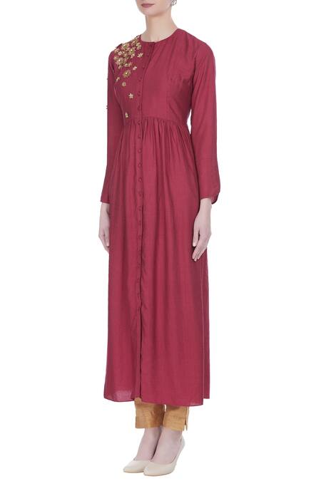 Buy Joy Mitra Red Silk Blend Embroidered Zari Work Round Neck Gathered Pleated Tunic With Online at Aza Fashions Buy_Joy Mitra_Red Silk Blend Embroidered Zari Work Round Neck Gathered Pleated Tunic With _Online_at_Aza_Fashions