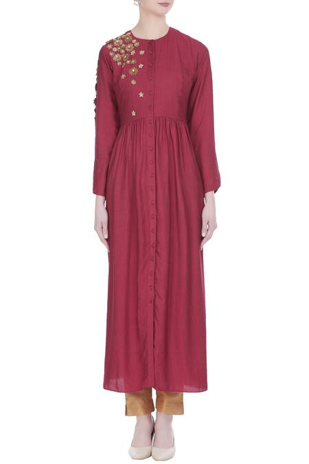 Shop Joy Mitra Red Silk Blend Embroidered Zari Work Round Neck Gathered Pleated Tunic With Online at Aza Fashions Shop_Joy Mitra_Red Silk Blend Embroidered Zari Work Round Neck Gathered Pleated Tunic With _Online_at_Aza_Fashions