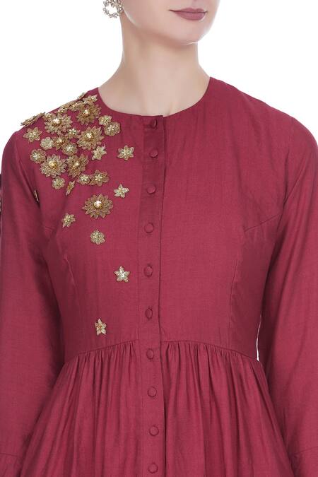 Joy Mitra Red Silk Blend Embroidered Zari Work Round Neck Gathered Pleated Tunic With at Aza Fashions Joy Mitra_Red Silk Blend Embroidered Zari Work Round Neck Gathered Pleated Tunic With _at_Aza_Fashions