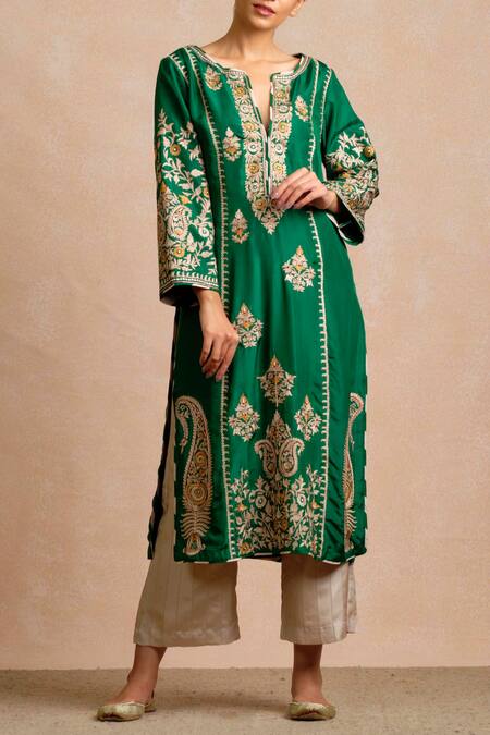 Sue Mue Beige Silk Notched Embroidered Kurta And Pant Set Online at Aza Fashions Sue Mue_Beige Silk Notched Embroidered Kurta And Pant Set _Online_at_Aza_Fashions