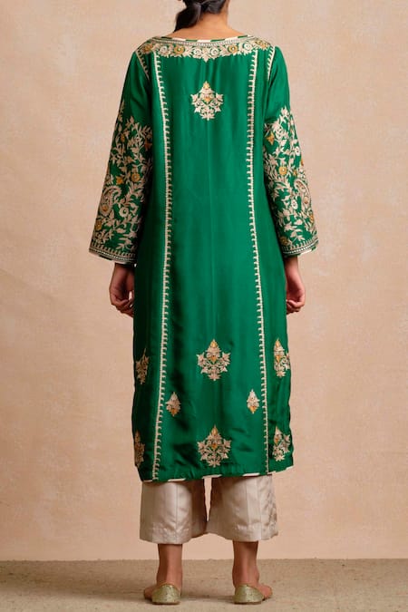 Shop Sue Mue Beige Silk Notched Embroidered Kurta And Pant Set at Aza Fashions Shop_Sue Mue_Beige Silk Notched Embroidered Kurta And Pant Set _at_Aza_Fashions