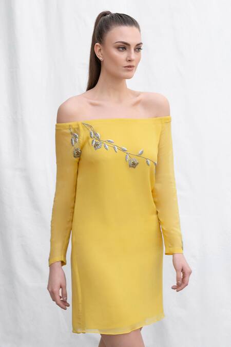 Buy_Amrta By Guneet Kondal_Yellow Viscose, Georgette Beads, Embroidery Darner Dragon Fly Dress_Online_at_Aza_Fashions