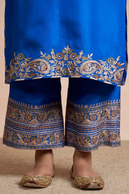 Shop Sue Mue Blue Silk Round Embroidered Kurta And Palazzo Set Online at Aza Fashions Shop_Sue Mue_Blue Silk Round Embroidered Kurta And Palazzo Set _Online_at_Aza_Fashions