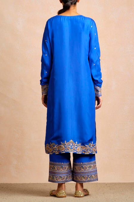 Shop Sue Mue Blue Silk Round Embroidered Kurta And Palazzo Set at Aza Fashions Shop_Sue Mue_Blue Silk Round Embroidered Kurta And Palazzo Set _at_Aza_Fashions