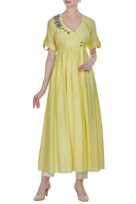 Joy Mitra Wrap pleated tunic with floral embroidery 