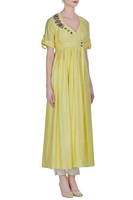 Joy Mitra_Yellow Silk Blend Embroidered Sequin And Applique Wrap Pleated Tunic With Floral _Online_at_Aza_Fashions