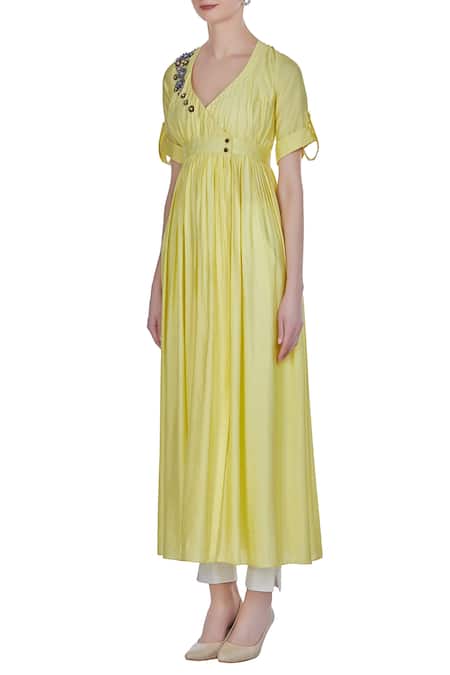 Buy_Joy Mitra_Yellow Silk Blend Embroidered Sequin And Applique Wrap Pleated Tunic With Floral _Online_at_Aza_Fashions