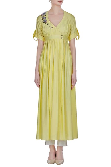 Shop_Joy Mitra_Yellow Silk Blend Embroidered Sequin And Applique Wrap Pleated Tunic With Floral _Online_at_Aza_Fashions