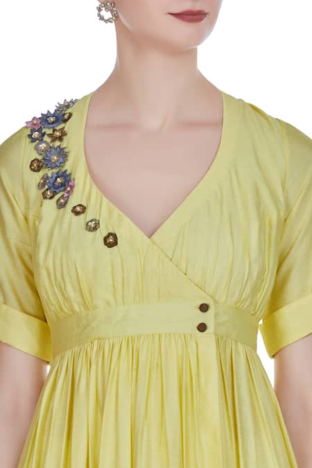 Joy Mitra_Yellow Silk Blend Embroidered Sequin And Applique Wrap Pleated Tunic With Floral _at_Aza_Fashions