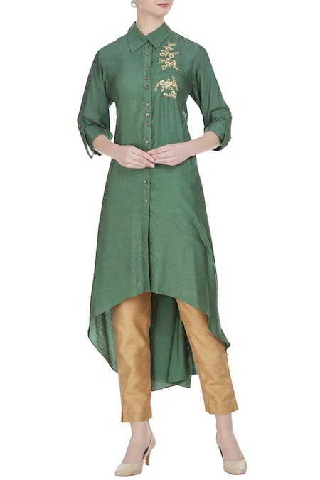 Joy Mitra Green Silk Blend Embroidered Zari Work Collar Asymmetric Hemline Tunic