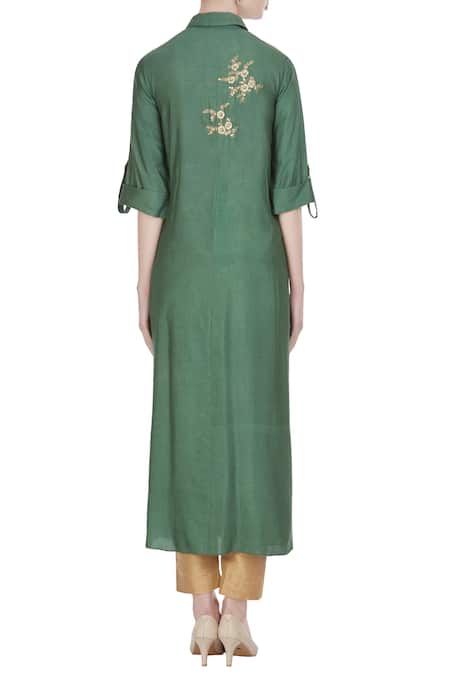 Shop Joy Mitra Green Silk Blend Zari Work Collar Asymmetric Hemline Tunic at Aza Fashions Shop_Joy Mitra_Green Silk Blend Zari Work Collar Asymmetric Hemline Tunic _at_Aza_Fashions