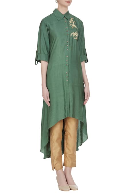 Joy Mitra Green Silk Blend Zari Work Collar Asymmetric Hemline Tunic Online at Aza Fashions Joy Mitra_Green Silk Blend Zari Work Collar Asymmetric Hemline Tunic _Online_at_Aza_Fashions