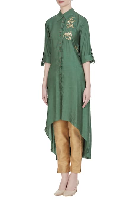 Buy Joy Mitra Green Silk Blend Zari Work Collar Asymmetric Hemline Tunic Online at Aza Fashions Buy_Joy Mitra_Green Silk Blend Zari Work Collar Asymmetric Hemline Tunic _Online_at_Aza_Fashions
