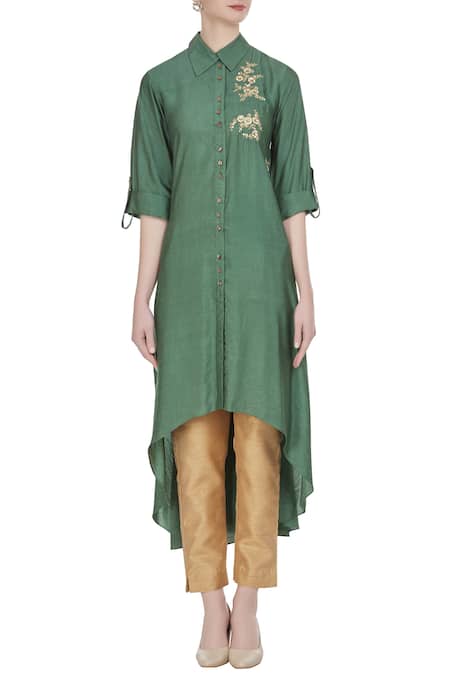 Shop Joy Mitra Green Silk Blend Zari Work Collar Asymmetric Hemline Tunic Online at Aza Fashions Shop_Joy Mitra_Green Silk Blend Zari Work Collar Asymmetric Hemline Tunic _Online_at_Aza_Fashions