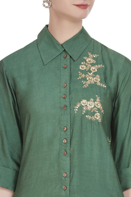 Joy Mitra Green Silk Blend Zari Work Collar Asymmetric Hemline Tunic at Aza Fashions Joy Mitra_Green Silk Blend Zari Work Collar Asymmetric Hemline Tunic _at_Aza_Fashions