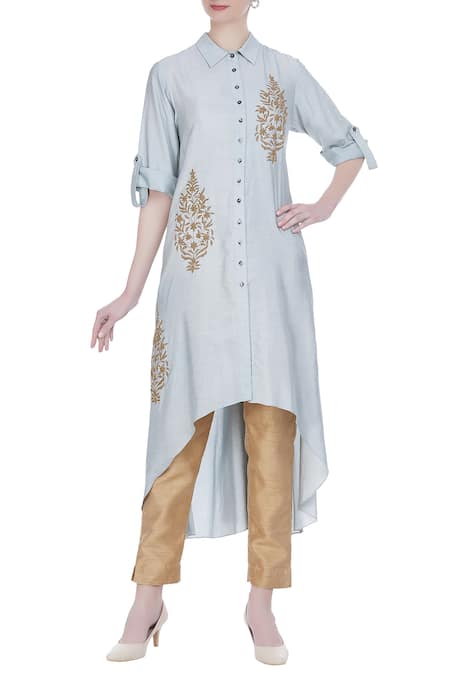 Joy Mitra Blue Silk Blend Embroidered Thread Work Collar Leaf Motif Tunic 