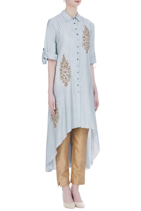 Joy Mitra Blue Silk Blend Embroidered Thread Work Collar Leaf Motif Tunic Online at Aza Fashions Joy Mitra_Blue Silk Blend Embroidered Thread Work Collar Leaf Motif Tunic _Online_at_Aza_Fashions