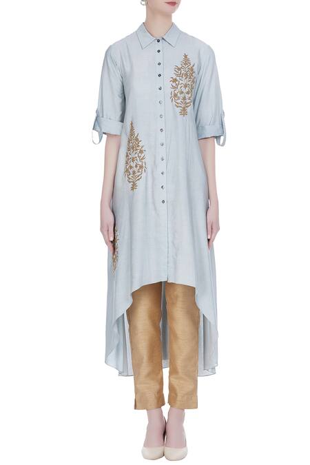 Shop Joy Mitra Blue Silk Blend Embroidered Thread Work Collar Leaf Motif Tunic Online at Aza Fashions Shop_Joy Mitra_Blue Silk Blend Embroidered Thread Work Collar Leaf Motif Tunic _Online_at_Aza_Fashions