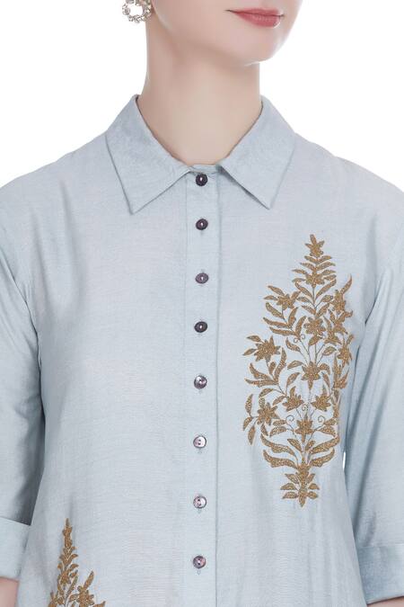 Joy Mitra Blue Silk Blend Embroidered Thread Work Collar Leaf Motif Tunic at Aza Fashions Joy Mitra_Blue Silk Blend Embroidered Thread Work Collar Leaf Motif Tunic _at_Aza_Fashions