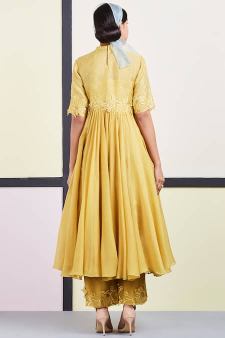 Shop Sue Mue Yellow Organza, Mul Round Embroidered Anarkali Set at Aza Fashions Shop_Sue Mue_Yellow Organza, Mul Round Embroidered Anarkali Set _at_Aza_Fashions