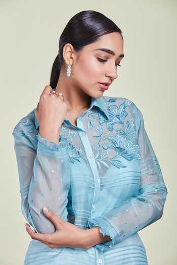 Sue Mue_Blue Organza Straight Collar Sheer Shirt_Online_at_Aza_Fashions