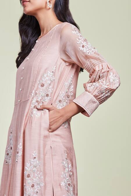 Sue Mue_Pink Organza, Tussar Georgette Round Embroidered Kurta Set _Online_at_Aza_Fashions
