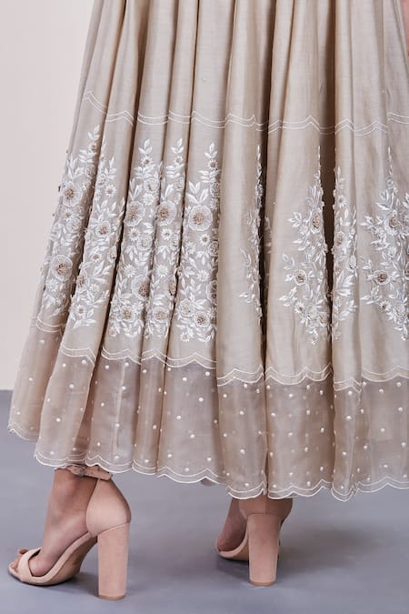 Buy_Sue Mue_Beige Organza, Cotton Chanderi, Mul Round Embroidered Anarkali Set _Online_at_Aza_Fashions
