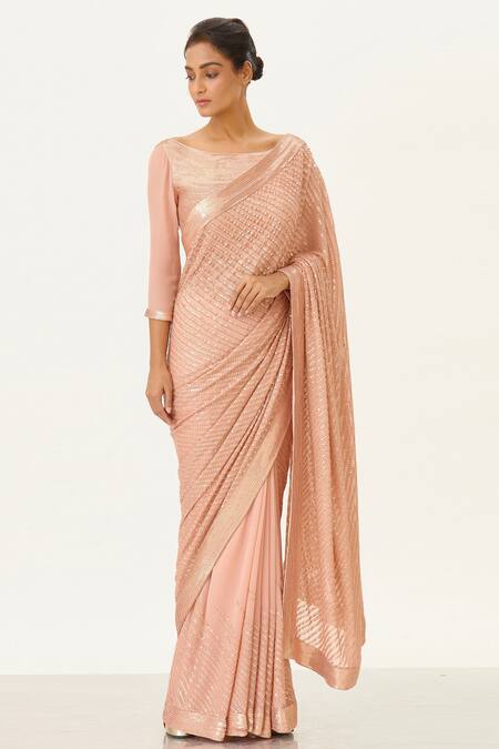 Nakul Sen_Pink Chiffon Embroidered Saree With Blouse _Online_at_Aza_Fashions