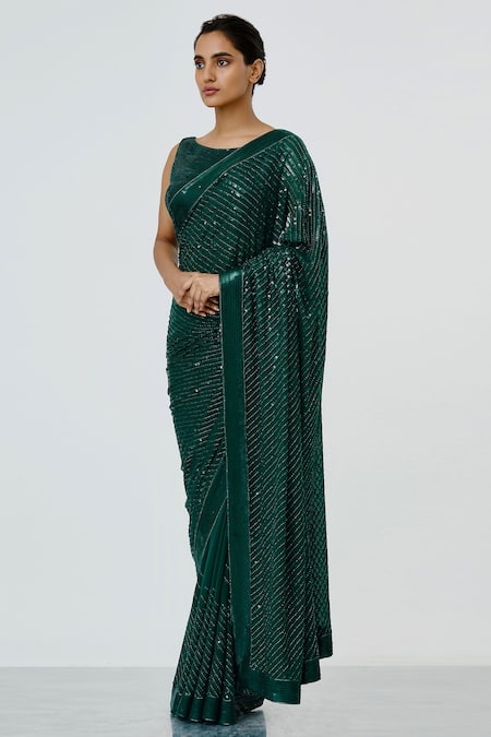 Buy FABMORA Bottle Green Printed Chiffon Designer Women's Saree with Blouse  Piece | Shoppers Stop