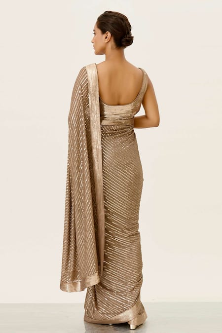 Shop Nakul Sen Brown Chiffon Embroidered Saree With Blouse at Aza Fashions Shop_Nakul Sen_Brown Chiffon Embroidered Saree With Blouse _at_Aza_Fashions