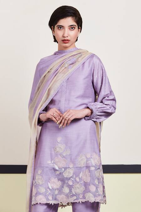 Sue Mue_Purple Organza, Mul, Tussar Georgette Round Embroidered Kurta Set _Online_at_Aza_Fashions