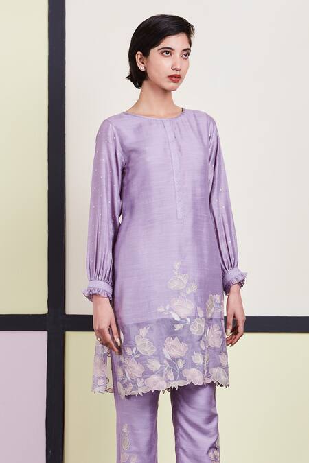 Buy_Sue Mue_Purple Organza, Mul, Tussar Georgette Round Embroidered Kurta Set _Online_at_Aza_Fashions
