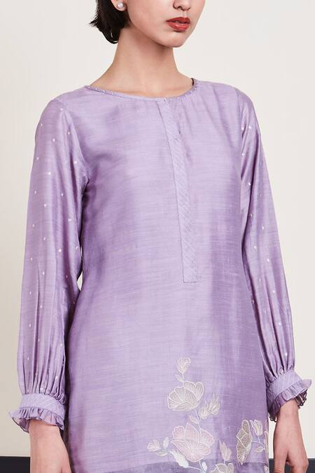 Shop_Sue Mue_Purple Organza, Mul, Tussar Georgette Round Embroidered Kurta Set _Online_at_Aza_Fashions
