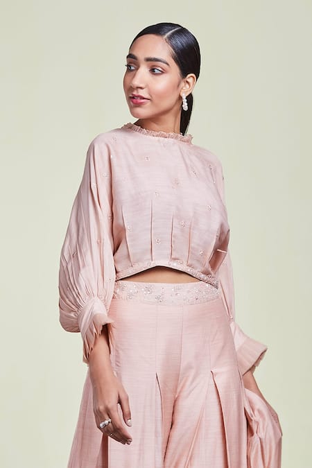 Sue Mue_Pink Organza, Tussar Georgette Round Embroidered Top With Flared Pant_Online_at_Aza_Fashions