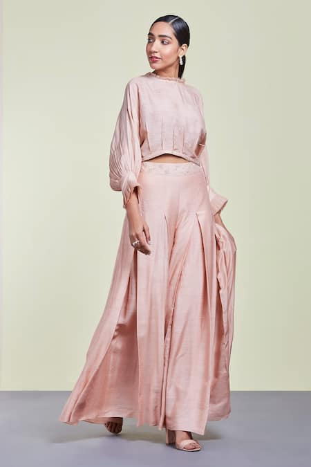 Buy_Sue Mue_Pink Organza, Tussar Georgette Round Embroidered Top With Flared Pant_Online_at_Aza_Fashions
