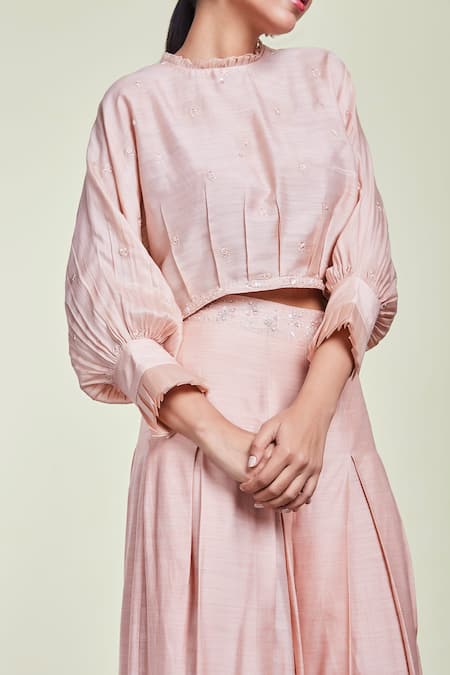 Shop_Sue Mue_Pink Organza, Tussar Georgette Round Embroidered Top With Flared Pant_Online_at_Aza_Fashions