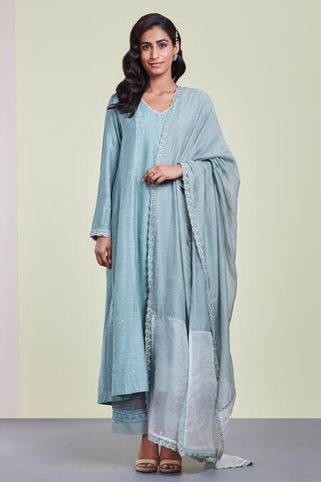 Buy_Sue Mue_Blue Organza, Mul, Tussar Georgette V Neck Embroidered Kurta Set _Online_at_Aza_Fashions