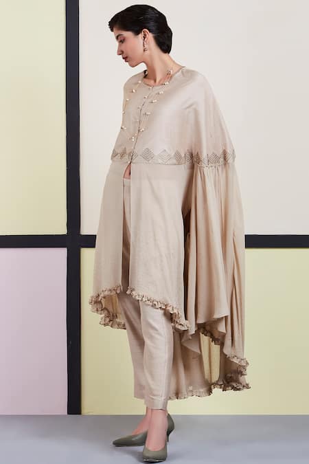 Sue Mue_Beige Tusser Georgette Round Embroidered Kaftan Pant Set _Online_at_Aza_Fashions