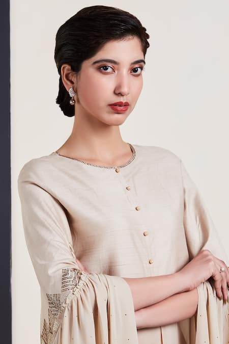 Buy_Sue Mue_Beige Tusser Georgette Round Embroidered Kaftan Pant Set _Online_at_Aza_Fashions